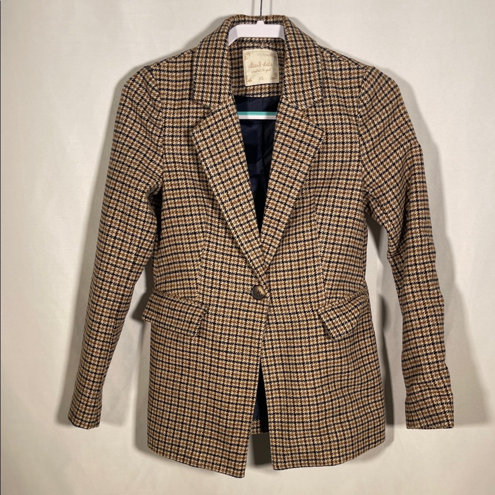 ALTAR’D STATE WOMENS PLAID BROWN BLAZER JACKET XS